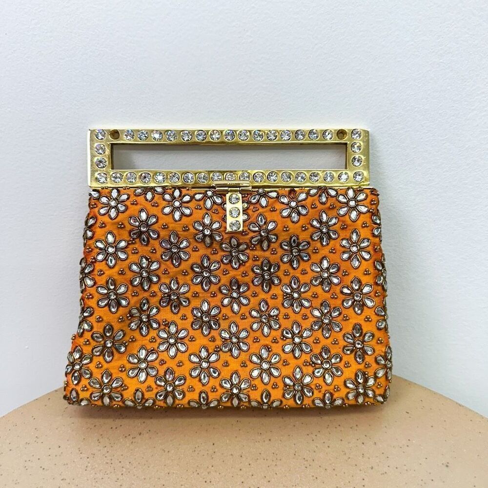 Meera Mahadevia Fully Embellished Satin Marigold Yellow Clutch Purse